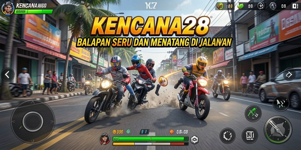 Gameplay Racing KENCANA28 dengan mobil cepat di lintasan menantang.